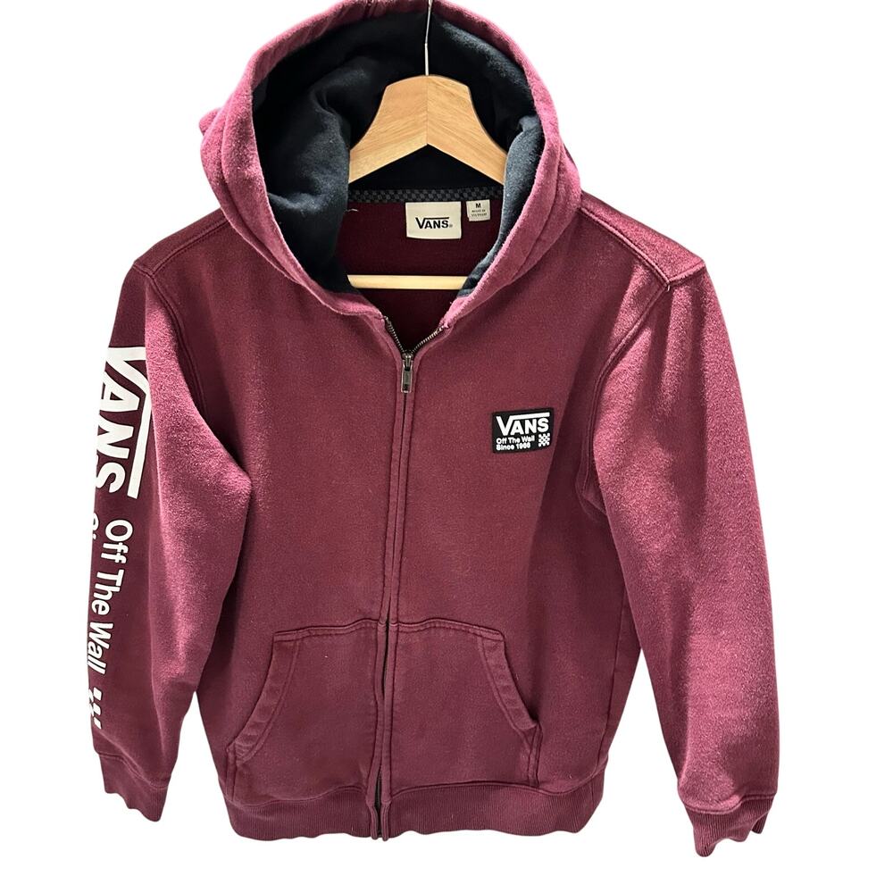 Vans Youth Logo Front Zip Hoodie - Size Medium - Maroon/White